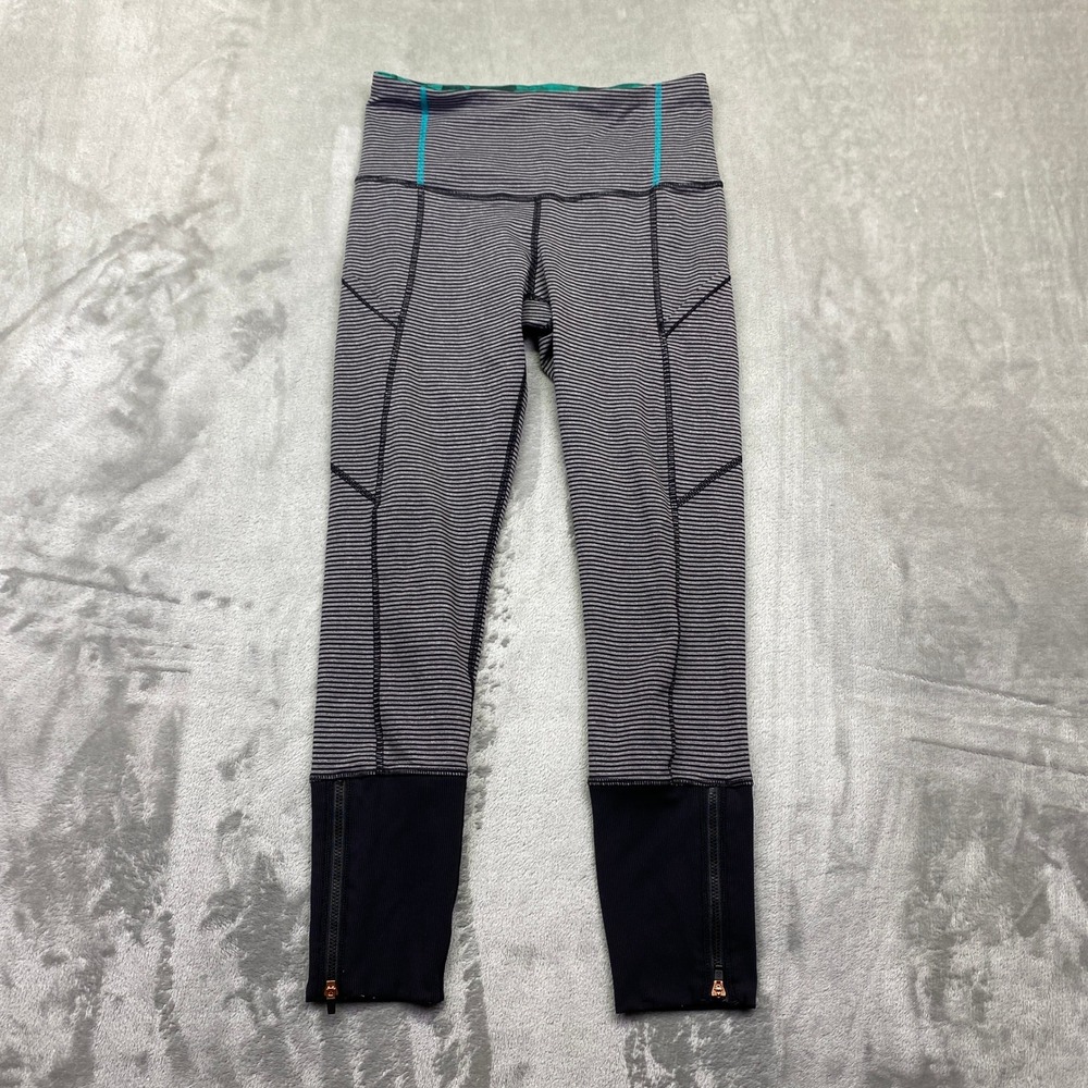 Lululemon Rebel Runner Grey Black Striped Leggings High Rise Ankle Zip 4 Fit 24"